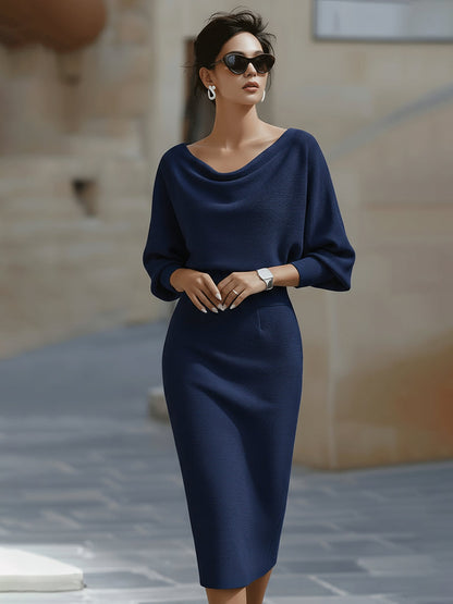 Navy Blue - White ribbed knit long sleeve midi dress with draped cowl neckline