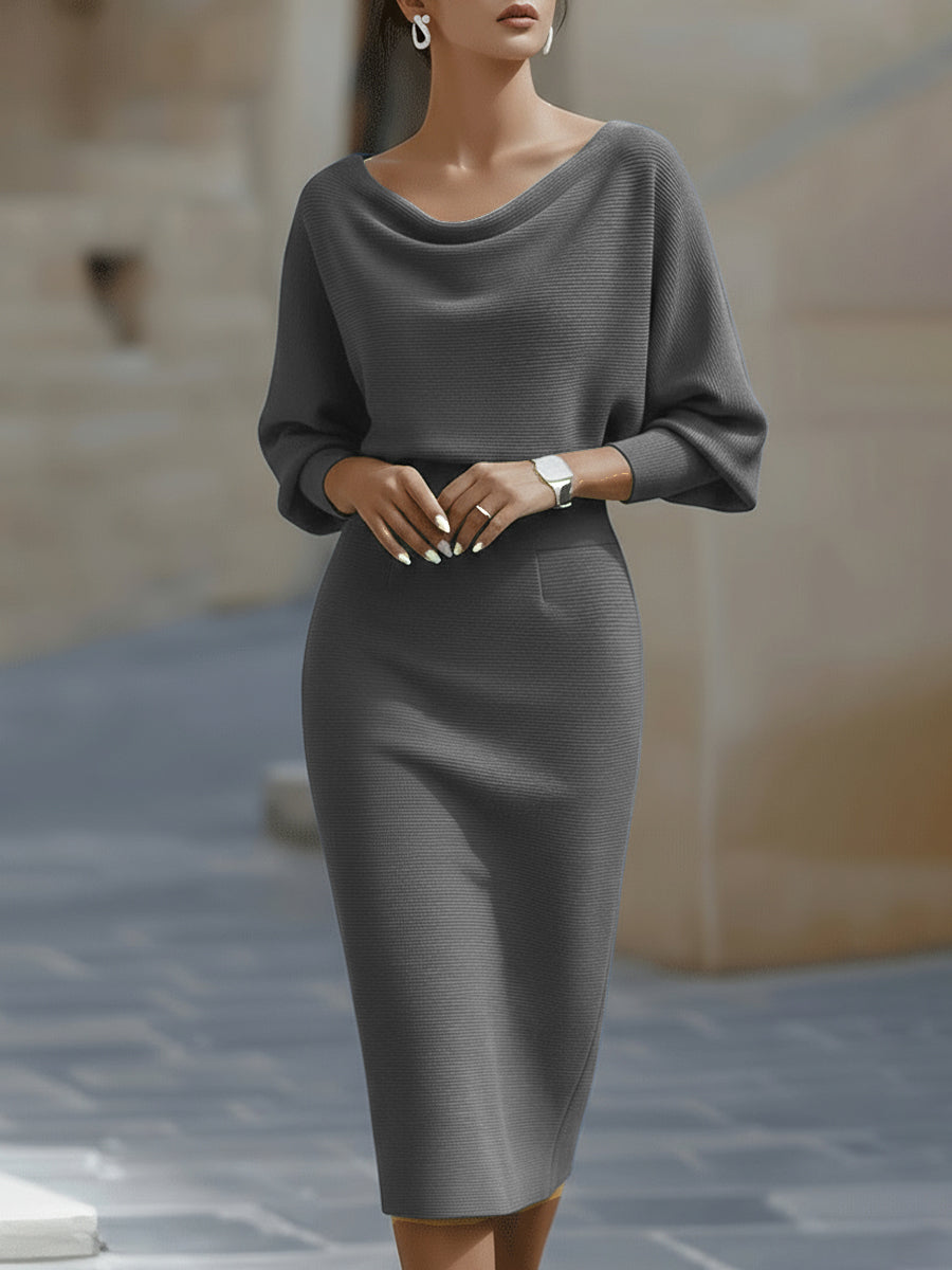 Grey - White ribbed knit long sleeve midi dress with draped cowl neckline