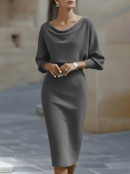 Grey - White ribbed knit long sleeve midi dress with draped cowl neckline
