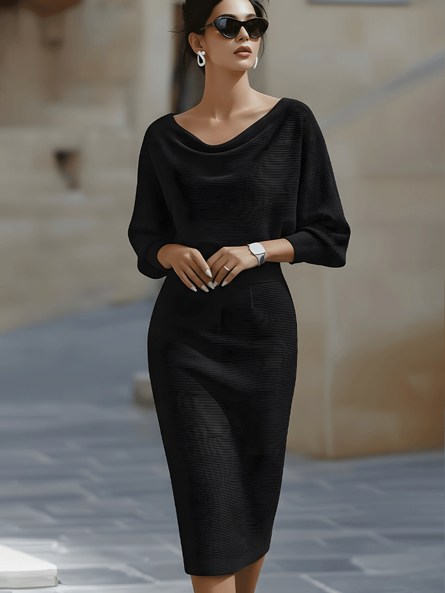 Grey - White ribbed knit long sleeve midi dress with draped cowl neckline