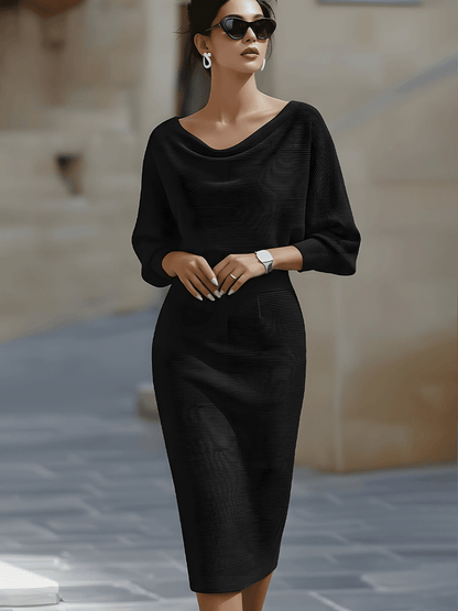 Grey - White ribbed knit long sleeve midi dress with draped cowl neckline