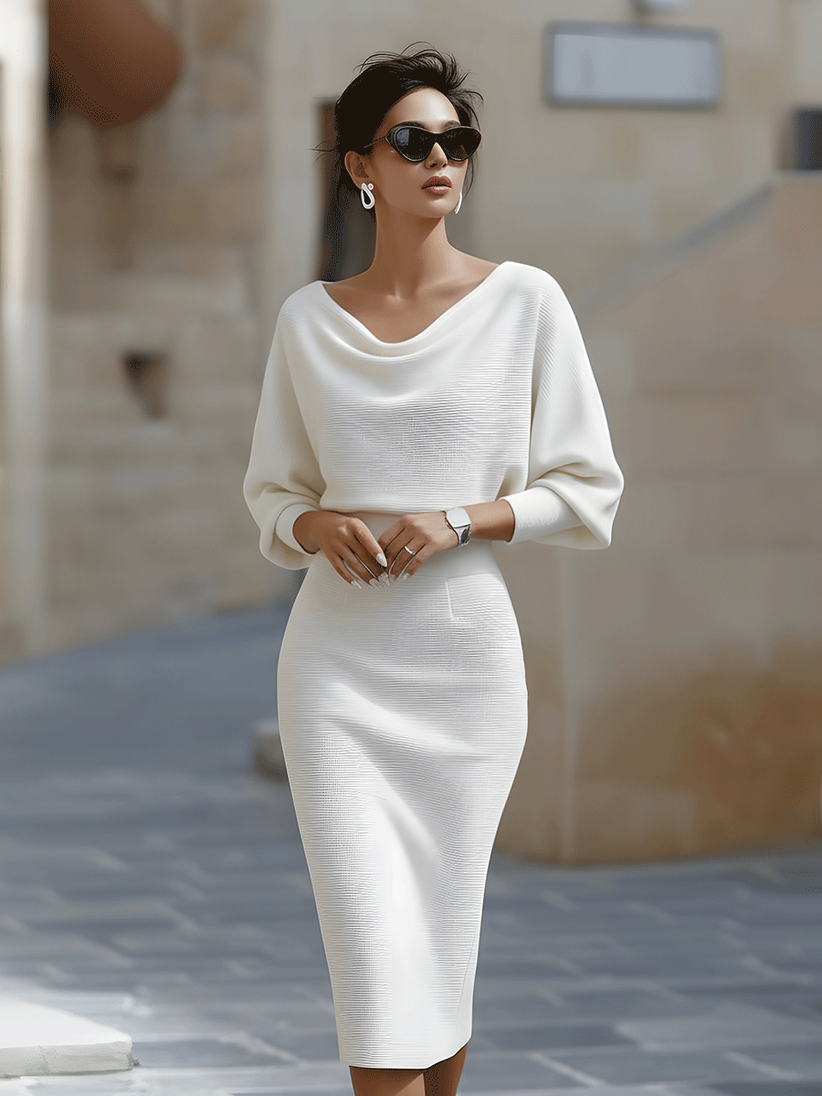 Grey - White ribbed knit long sleeve midi dress with draped cowl neckline