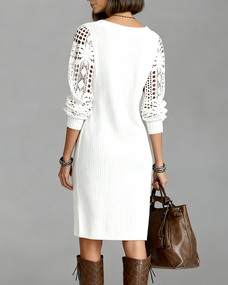 White - Knit ribbed long sleeve midi dress with broderie sleeve details and a v-neckline in solid white.