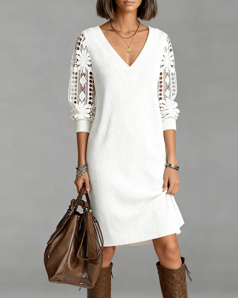 White - Knit ribbed long sleeve midi dress with broderie sleeve details and a v-neckline in solid white.