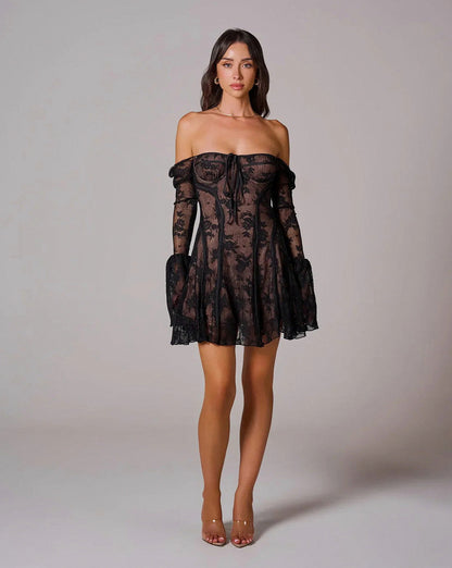 Lace Corset Flare Sleeve Mini Dress