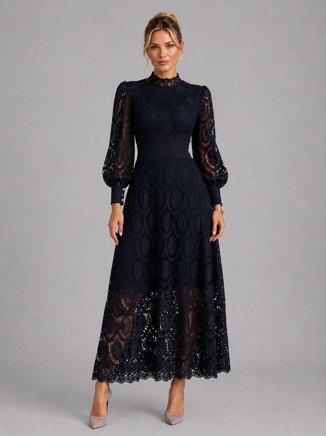 Lace High Neck Midi Dress