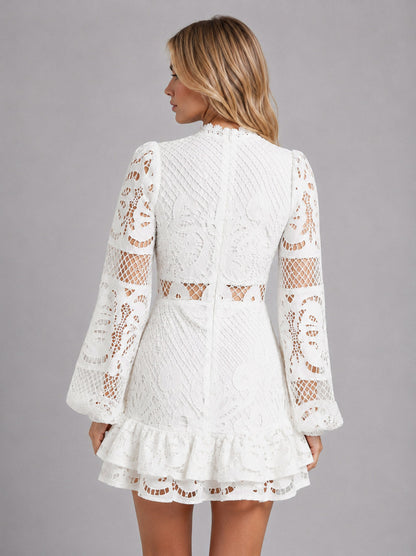 Lace Long Sleeve High Neck Mini Dress