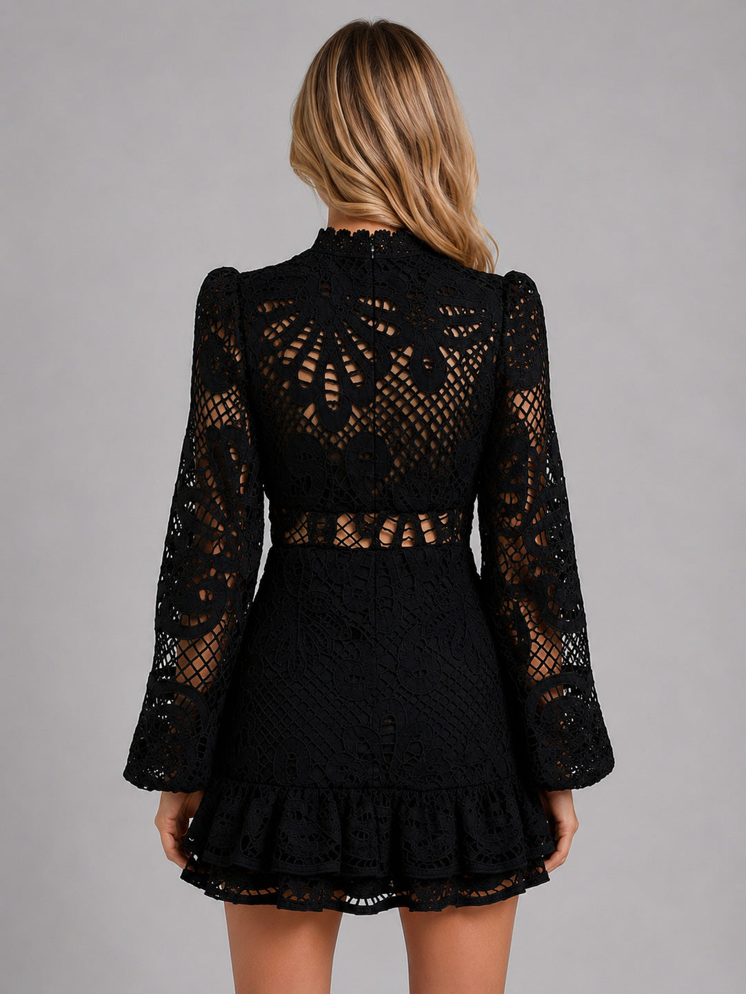 Lace Long Sleeve High Neck Mini Dress