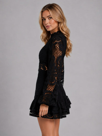 Lace Long Sleeve High Neck Mini Dress