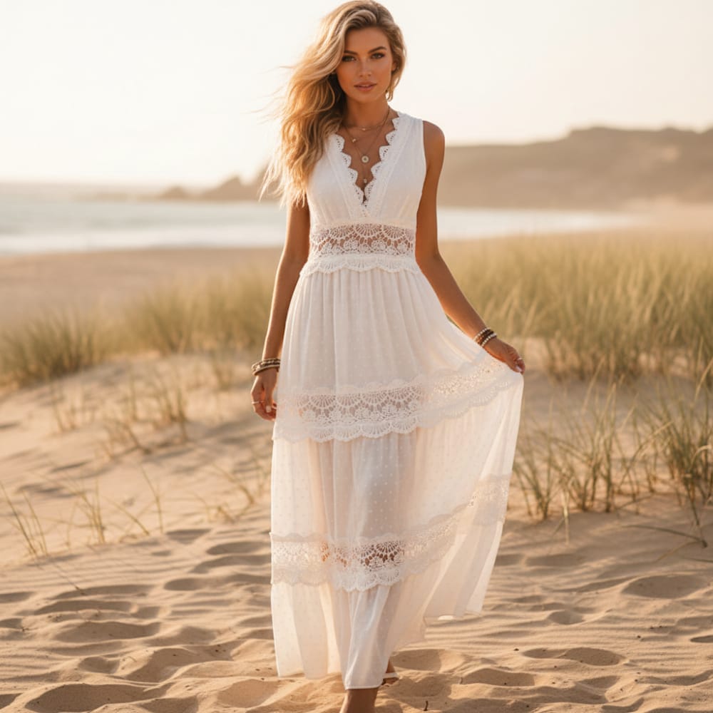 White - A woman stands on a sandy beach wearing a white sleeveless maxi dress featuring intricate lace inserts, a V-neckline, and a tiered Swiss dot skirt.