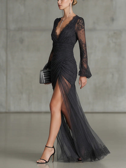 Lace Long Sleeve Ruched Split Maxi Dress