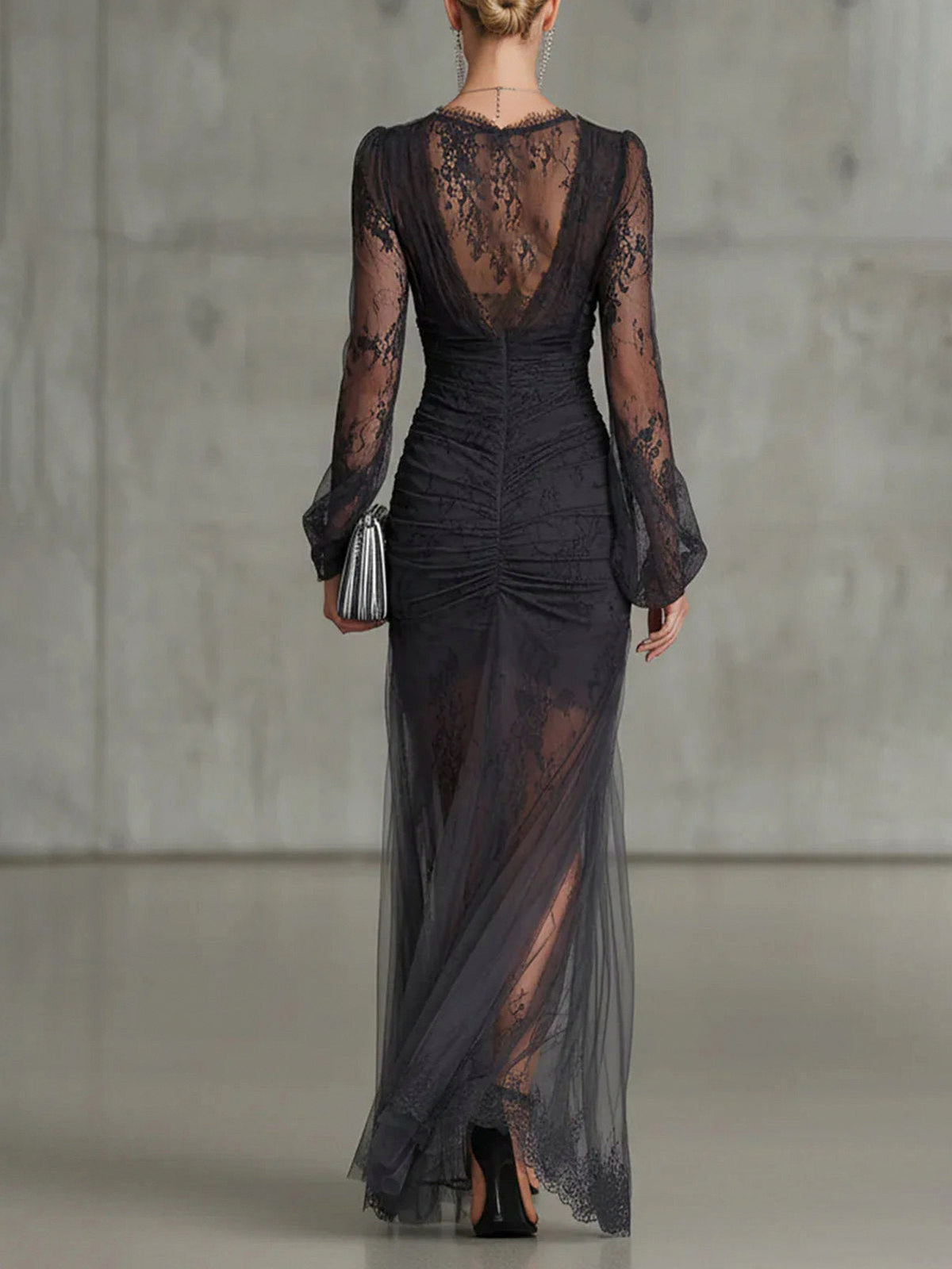 Lace Long Sleeve Ruched Split Maxi Dress