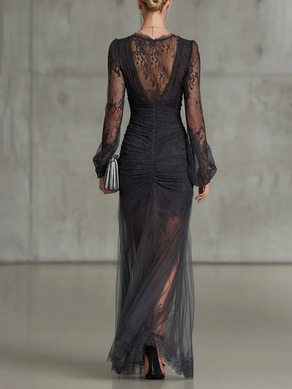 Lace Long Sleeve Ruched Split Maxi Dress