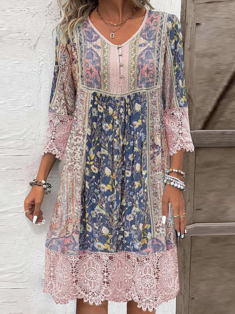 Lace Trim Floral Midi Dress