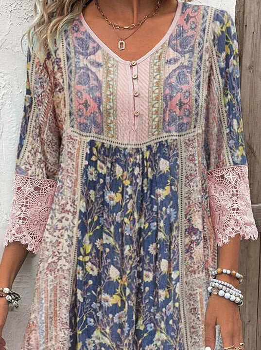 Lace Trim Floral Midi Dress