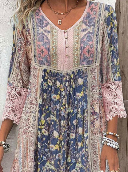 Lace Trim Floral Midi Dress