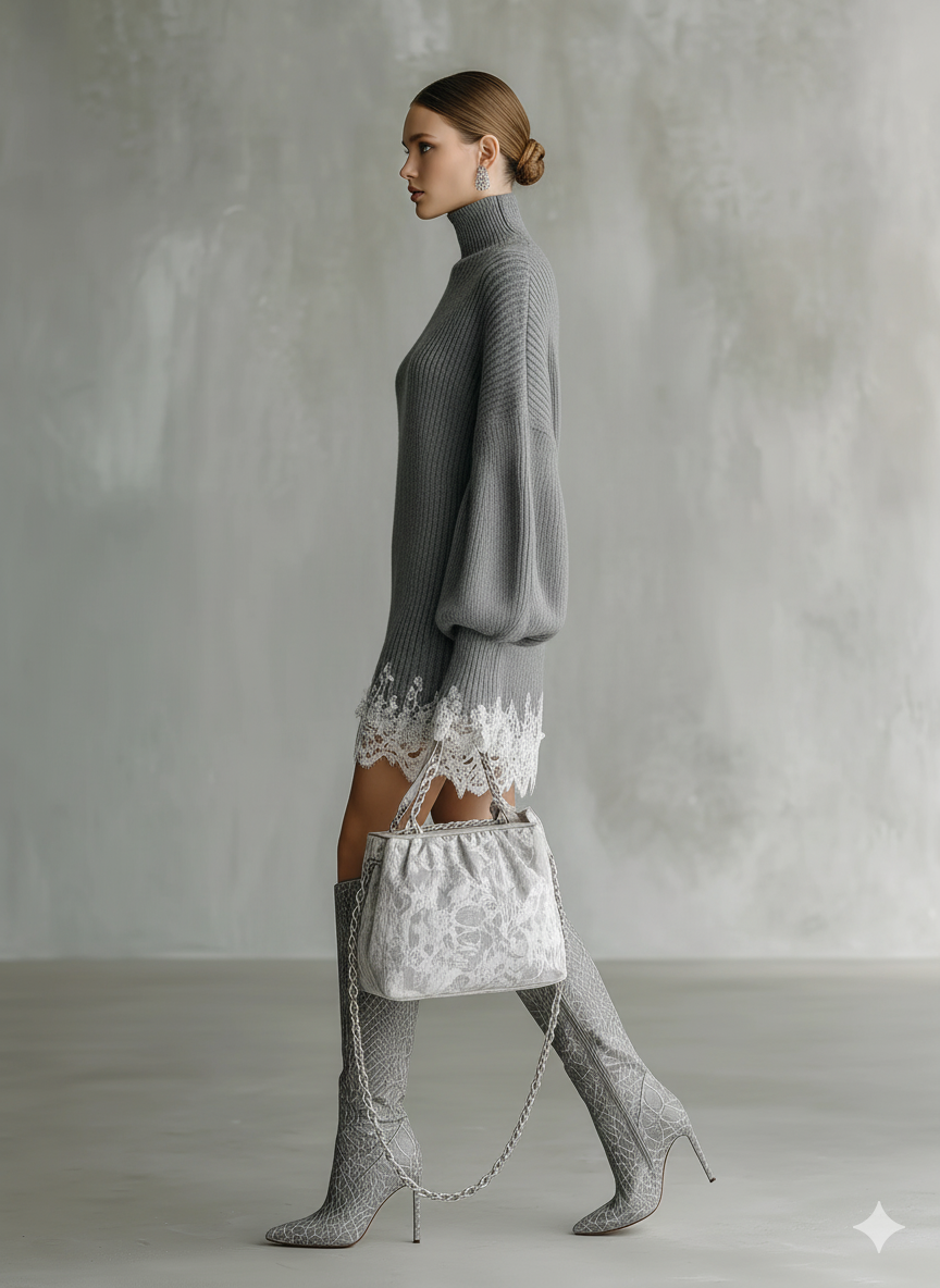 Black - A woman wearing a grey ribbed knit high-neck mini jumper dress featuring dramatic balloon sleeves and intricate white lace trim at the cuffs and hemline.
