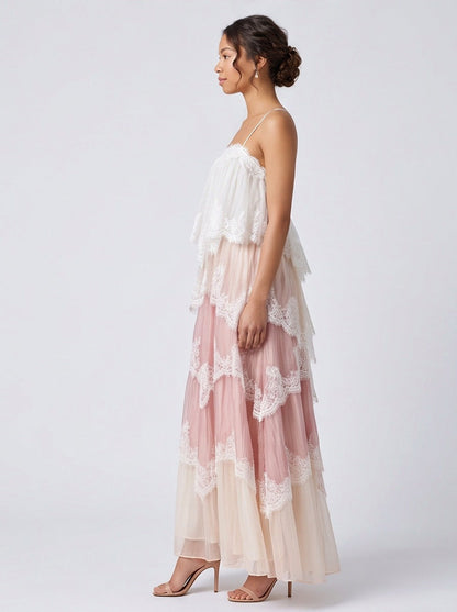 Lace Trim Tiered Backless Maxi Dress