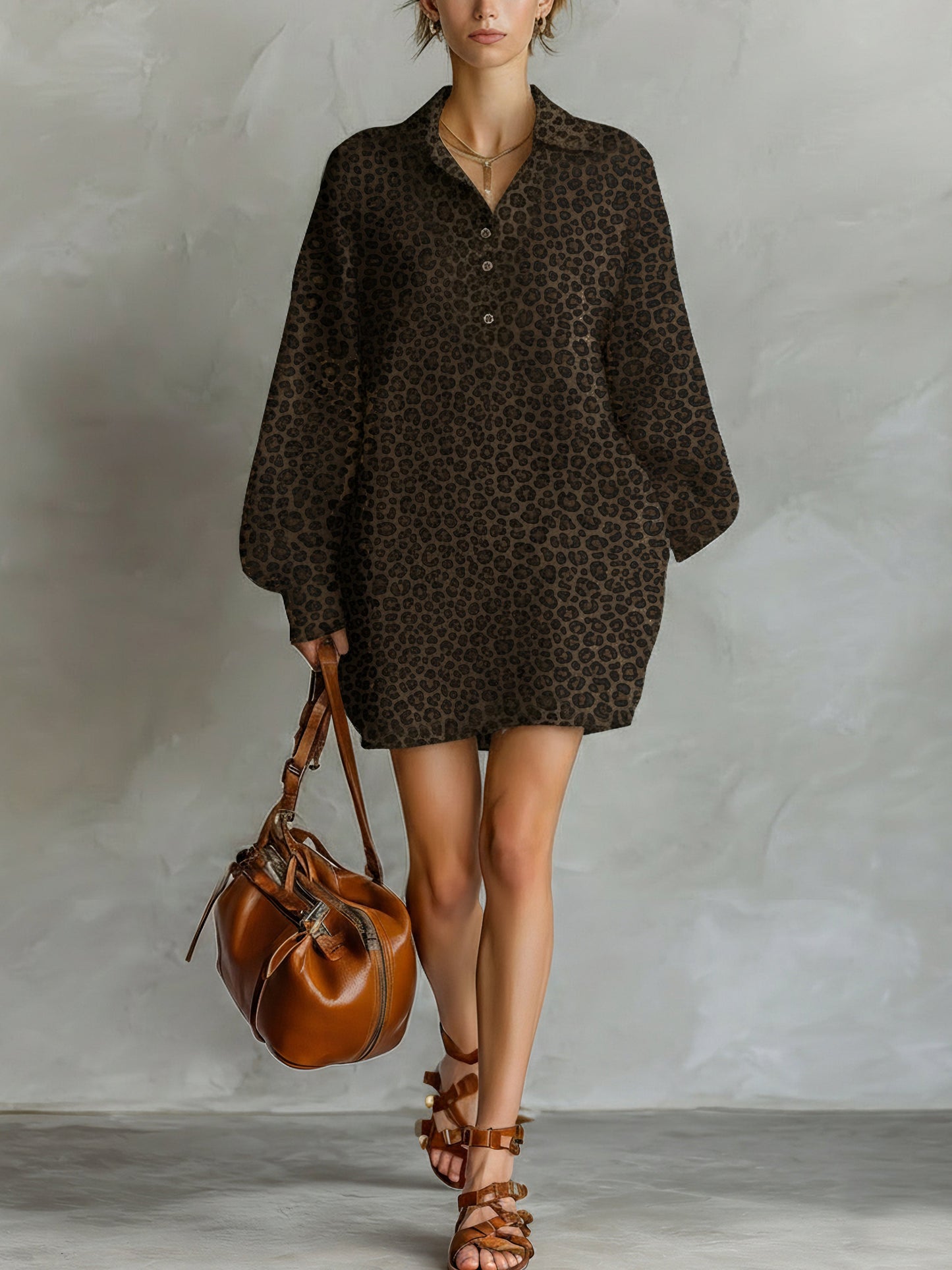 Brown - A model wears a relaxed-fit, long-sleeve mini shirt dress featuring a dark brown leopard print pattern, styled with a point collar and partial button placket.