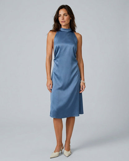 Satin Halter Formal Midi Dress