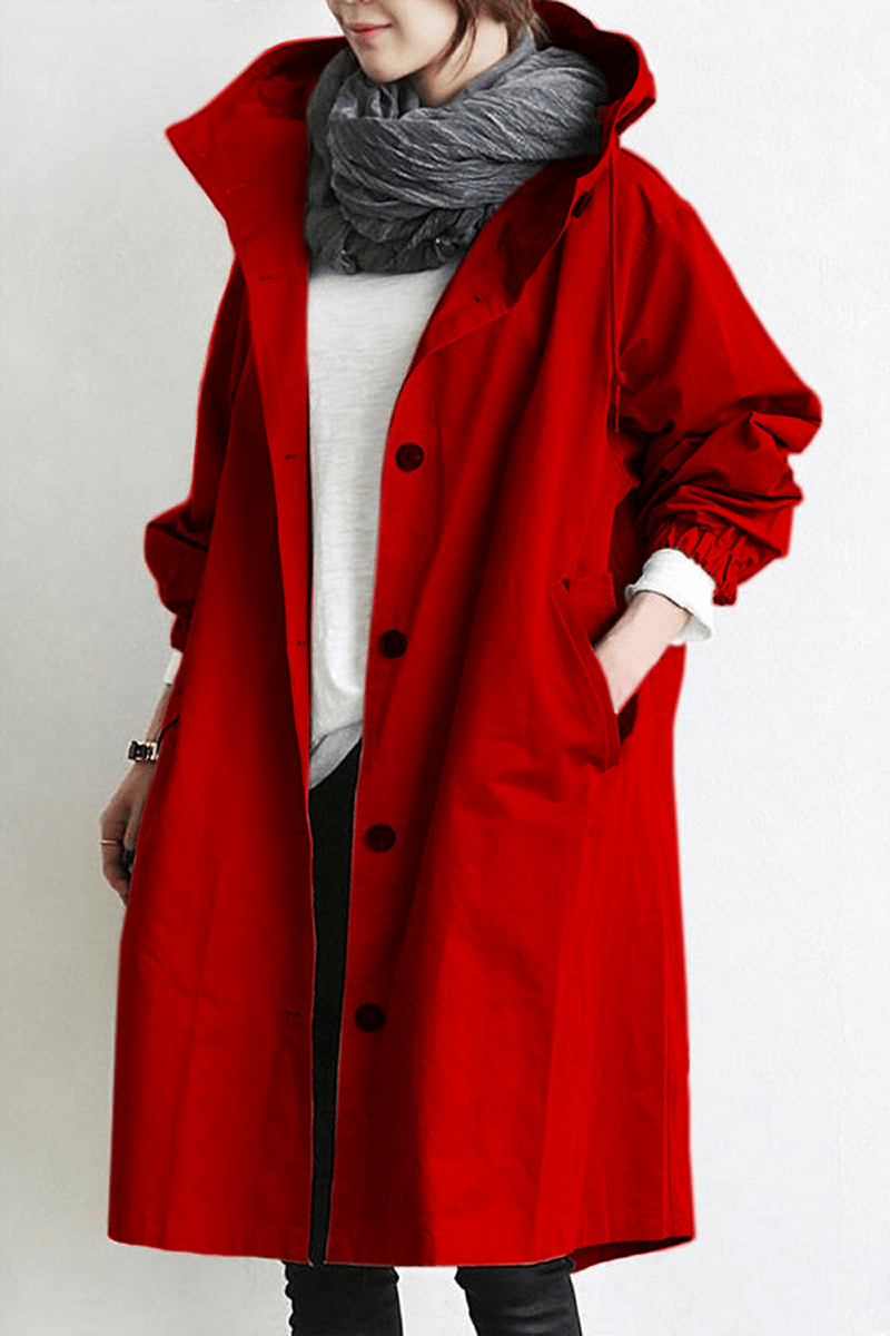 Red - A model wearing a light grey mid-length hooded coat with a single-breasted button front, styled with a black scarf and black pants against a plain white background.