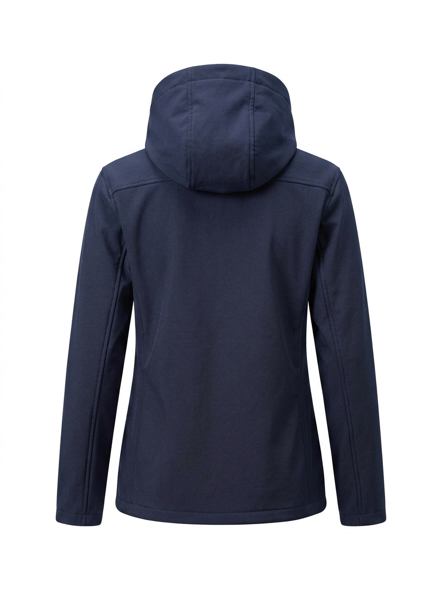 Navy - A woman wearing a structured olive green matte technical hooded jacket with a front zip closure, panelled seam detailing, and zippered pockets, paired with beige trousers.