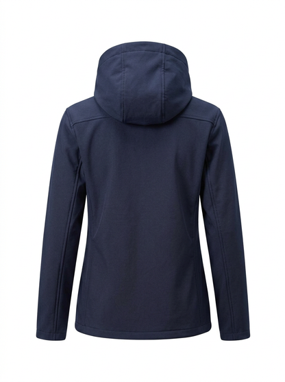 Navy - A woman wearing a structured olive green matte technical hooded jacket with a front zip closure, panelled seam detailing, and zippered pockets, paired with beige trousers.