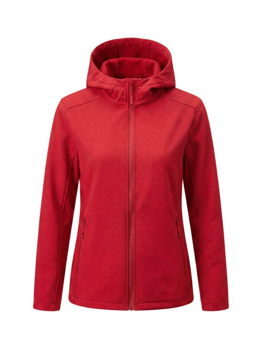 Red - A woman wearing a structured olive green matte technical hooded jacket with a front zip closure, panelled seam detailing, and zippered pockets, paired with beige trousers.