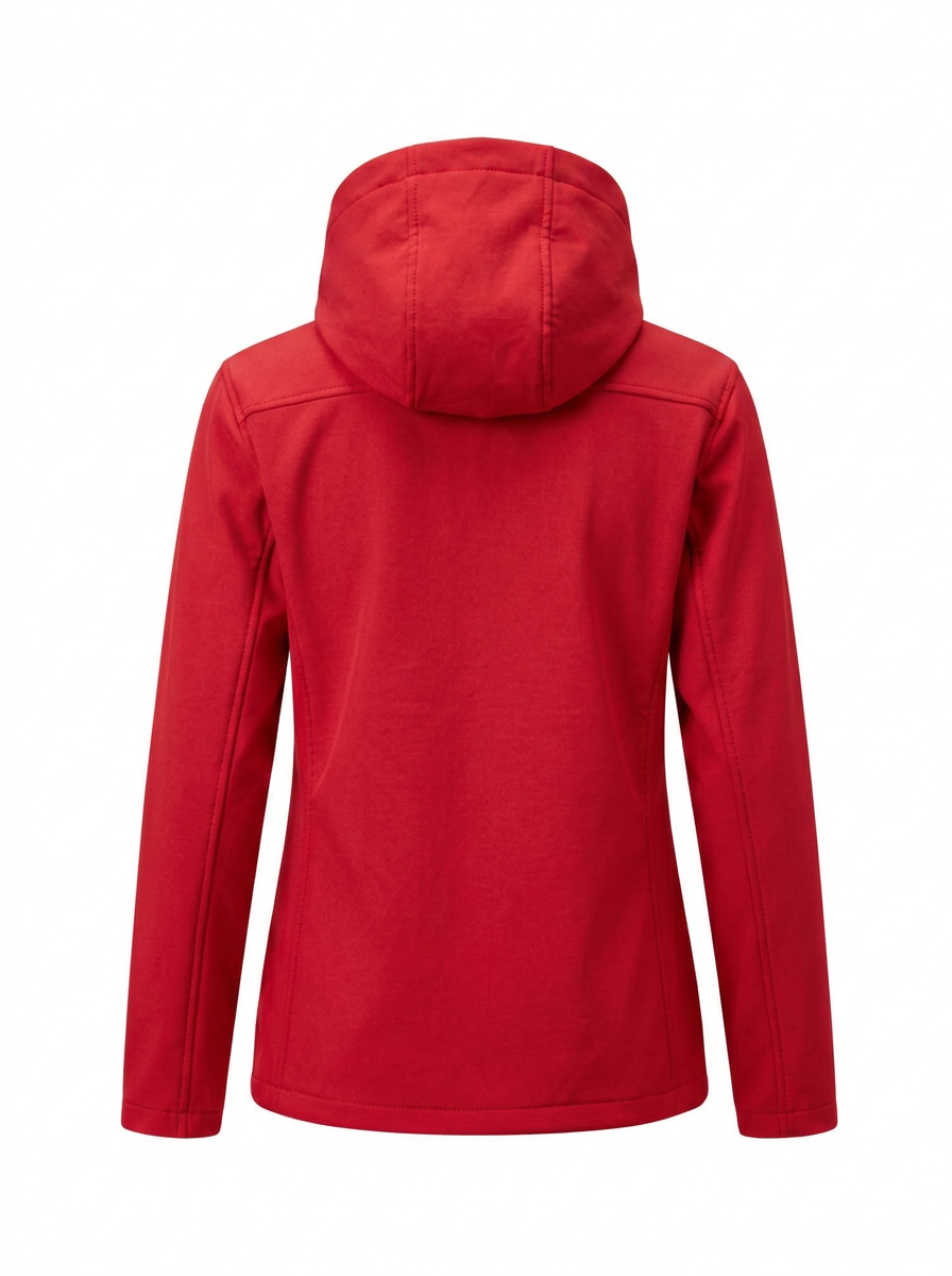 Red - A woman wearing a structured olive green matte technical hooded jacket with a front zip closure, panelled seam detailing, and zippered pockets, paired with beige trousers.