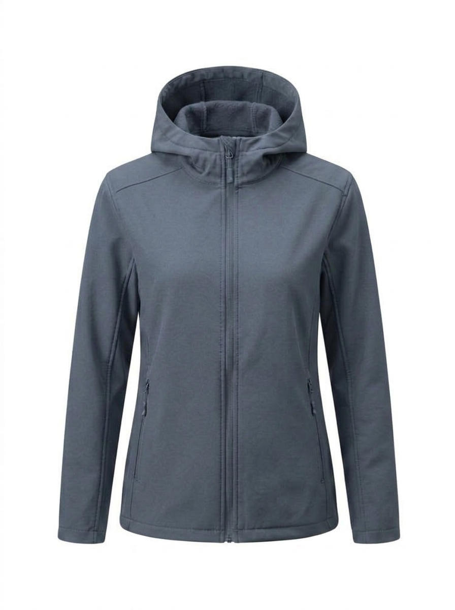 Gray - A woman wearing a structured olive green matte technical hooded jacket with a front zip closure, panelled seam detailing, and zippered pockets, paired with beige trousers.