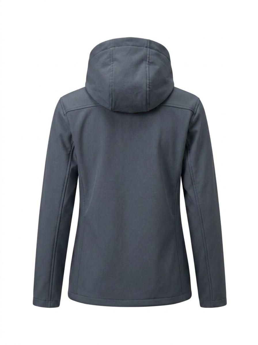 Gray - A woman wearing a structured olive green matte technical hooded jacket with a front zip closure, panelled seam detailing, and zippered pockets, paired with beige trousers.