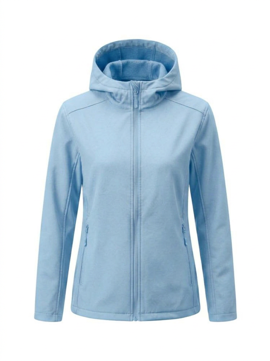 Blue - A woman wearing a structured olive green matte technical hooded jacket with a front zip closure, panelled seam detailing, and zippered pockets, paired with beige trousers.