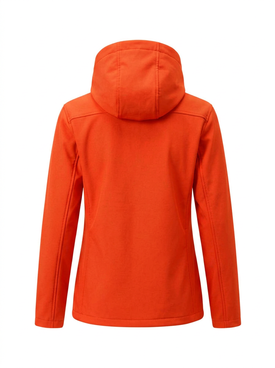 Orange - A woman wearing a structured olive green matte technical hooded jacket with a front zip closure, panelled seam detailing, and zippered pockets, paired with beige trousers.