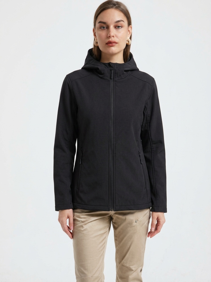 Black - A woman wearing a structured olive green matte technical hooded jacket with a front zip closure, panelled seam detailing, and zippered pockets, paired with beige trousers.