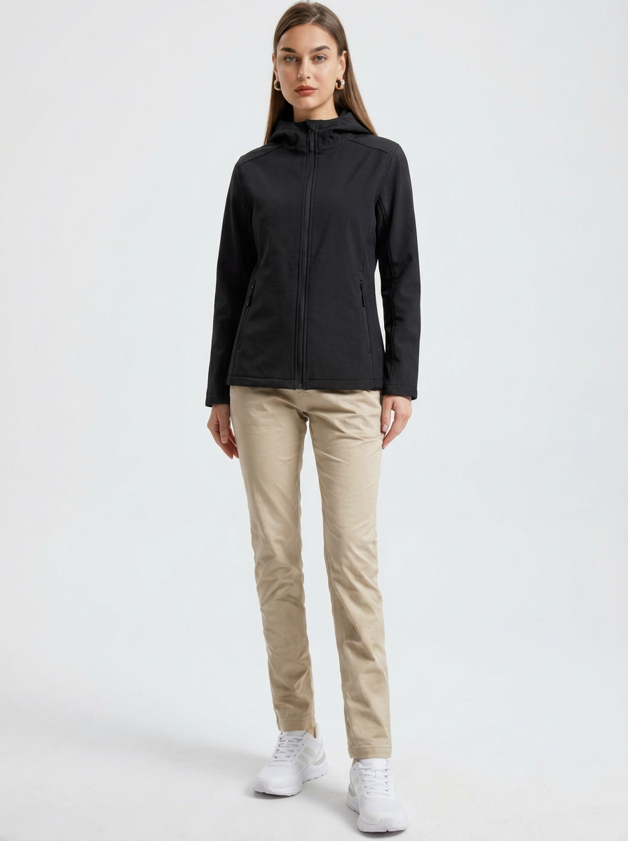 Black - A woman wearing a structured olive green matte technical hooded jacket with a front zip closure, panelled seam detailing, and zippered pockets, paired with beige trousers.
