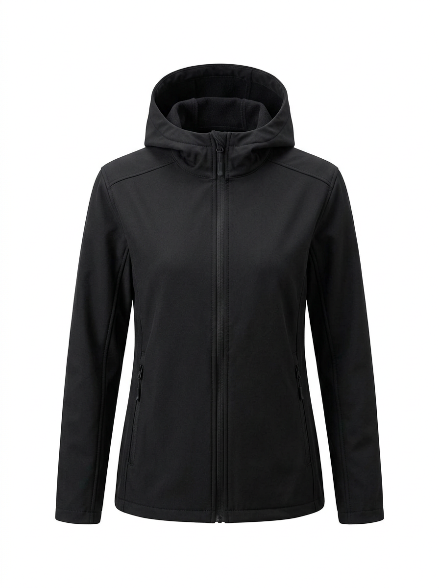 Black - A woman wearing a structured olive green matte technical hooded jacket with a front zip closure, panelled seam detailing, and zippered pockets, paired with beige trousers.