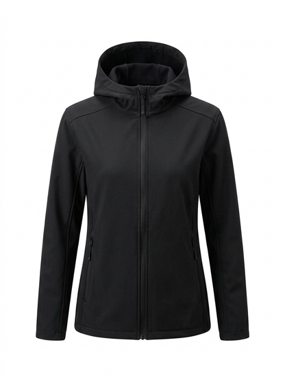 Black - A woman wearing a structured olive green matte technical hooded jacket with a front zip closure, panelled seam detailing, and zippered pockets, paired with beige trousers.