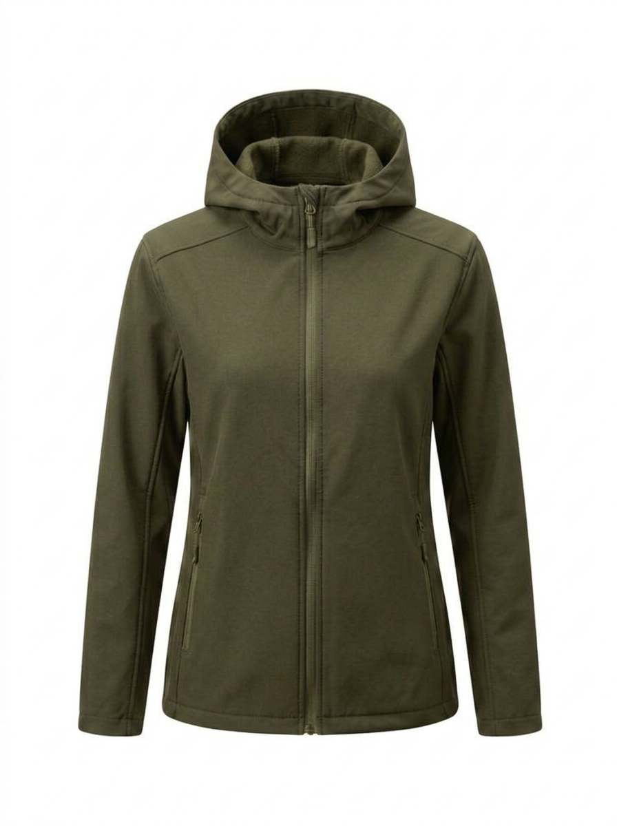 Green - A woman wearing a structured olive green matte technical hooded jacket with a front zip closure, panelled seam detailing, and zippered pockets, paired with beige trousers.