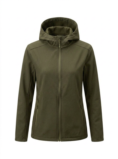 Green - A woman wearing a structured olive green matte technical hooded jacket with a front zip closure, panelled seam detailing, and zippered pockets, paired with beige trousers.