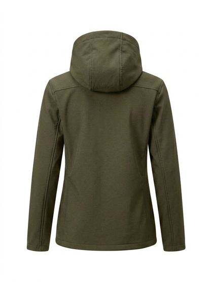 Green - A woman wearing a structured olive green matte technical hooded jacket with a front zip closure, panelled seam detailing, and zippered pockets, paired with beige trousers.