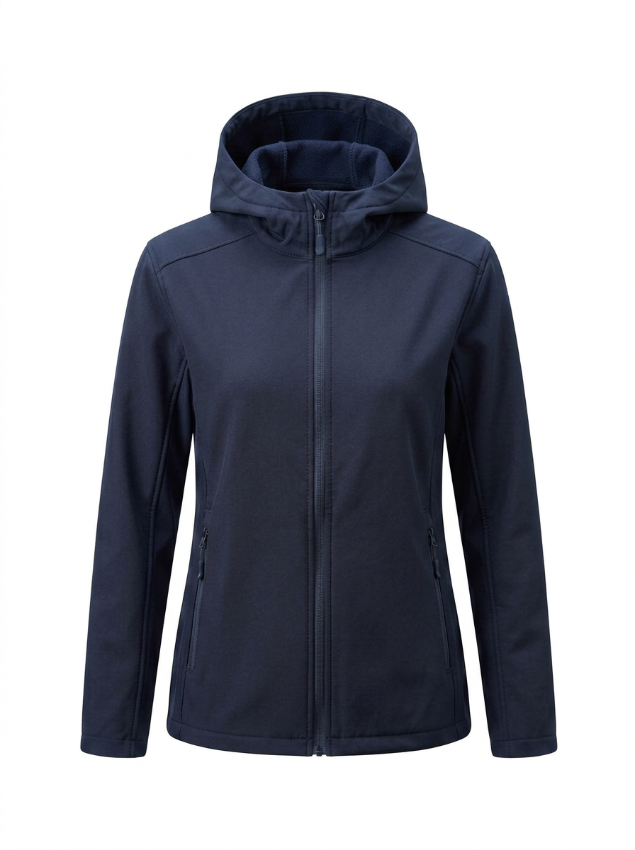 Navy - A woman wearing a structured olive green matte technical hooded jacket with a front zip closure, panelled seam detailing, and zippered pockets, paired with beige trousers.