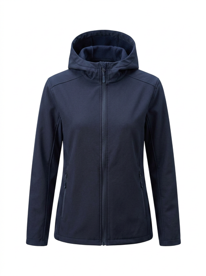 Navy - A woman wearing a structured olive green matte technical hooded jacket with a front zip closure, panelled seam detailing, and zippered pockets, paired with beige trousers.