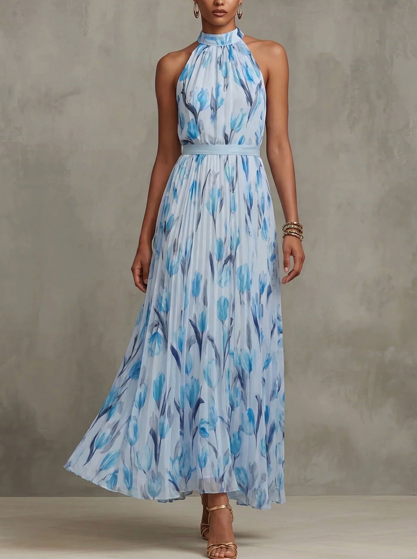 Floral High Neck Pleated Maxi Dress
