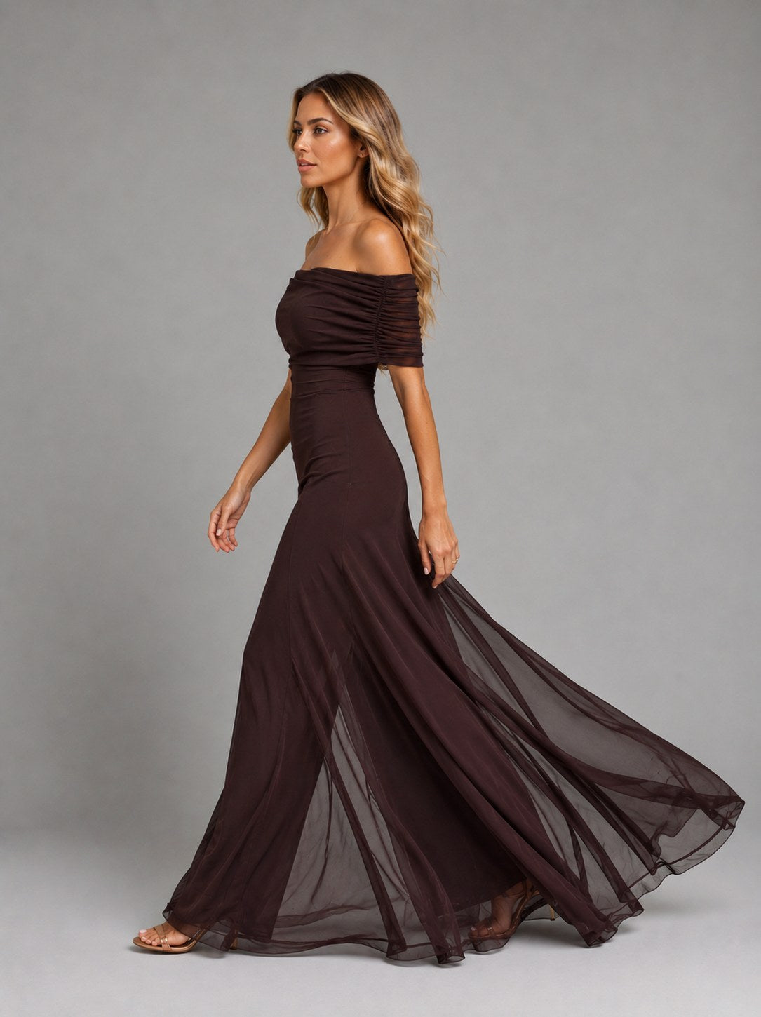 Mesh Off Shoulder Formal Maxi Dress