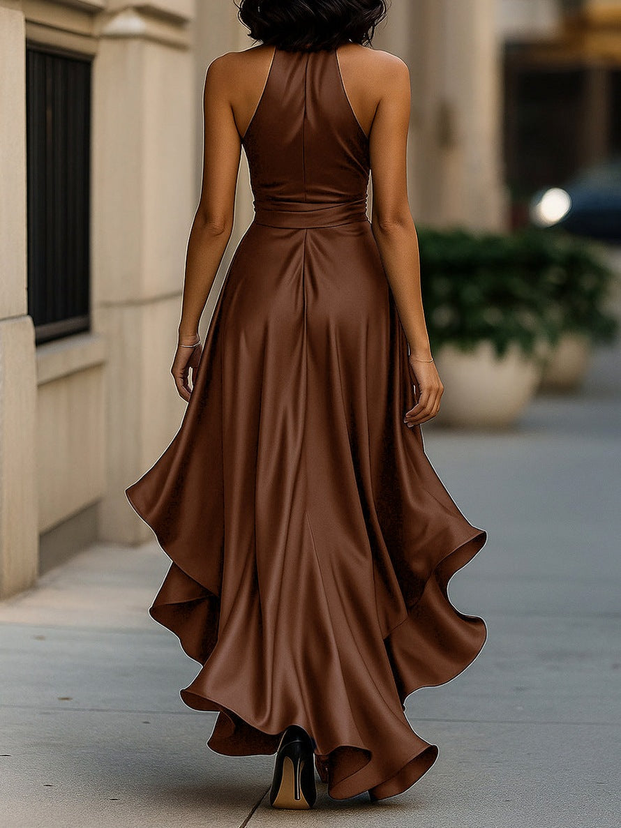 Satin Halter High Low Maxi Dress