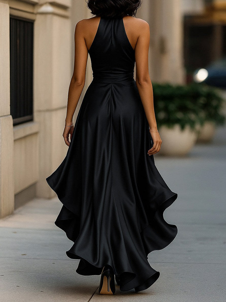 Satin Halter High Low Maxi Dress