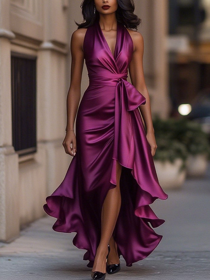 Satin Halter High Low Maxi Dress