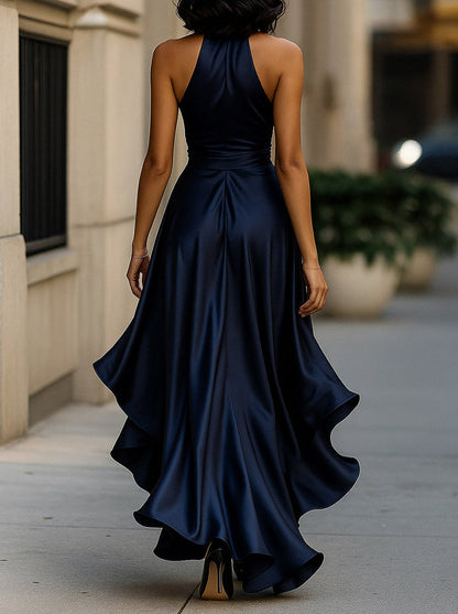 Satin Halter High Low Maxi Dress