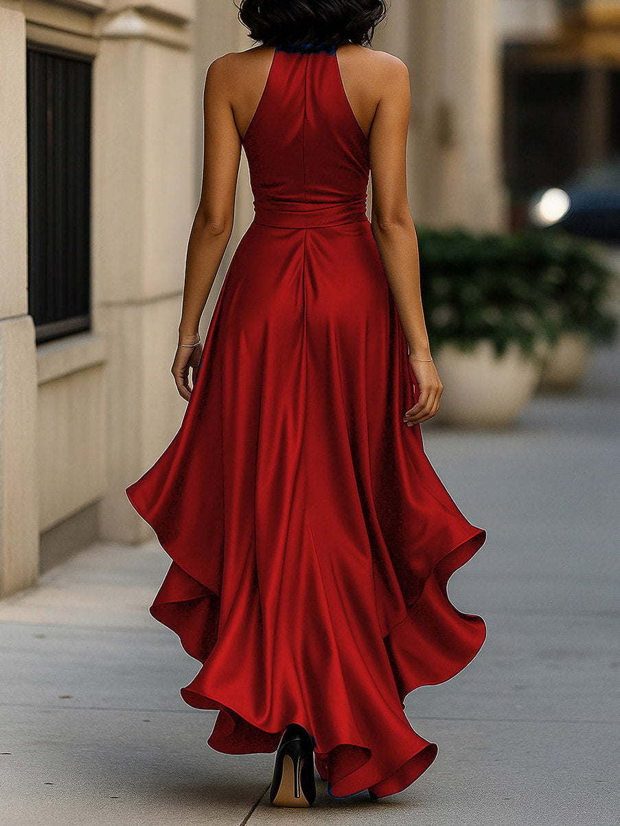 Satin Halter High Low Maxi Dress
