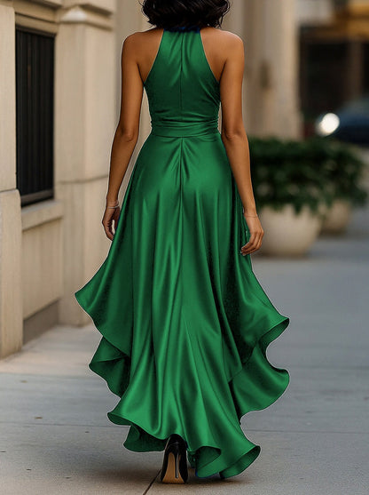 Satin Halter High Low Maxi Dress
